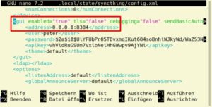 Abbildung 7: Installieren Sie Syncthing auf einem Rechner ohne Bildschirm, m&uuml;ssen Sie f&uuml;r den Remote-Zugriff auf das Webfrontend dessen Adresse in der Konfigurationsdatei auf <code>0.0.0.0</code> setzen.