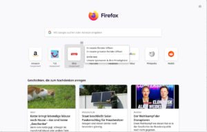 Abbildung 8: Werbung im Browser soll Geld in die Kassen von Mozilla sp&uuml;len und mehr Unabh&auml;ngigkeit von Google bringen. Die Werbekacheln in jedem neuen Browser-Tab lassen sich einfach entfernen, allerdings nur einzeln und nicht alle gemeinsam.