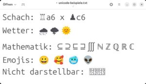 Abbildung 8: Der Gnome-Texteditor von Ubuntu zeigt einige Unicode-Symbole an.