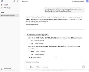 Abbildung 2: ChatGPT erkl&auml;rt einsteigertauglich, wie Sie einen Bildschirm an einen ESP32-Mikrocontroller anschlie&szlig;en. Quelle: Martin Mohr