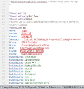 Abbildung 4: In der SPEC-Datei f&uuml;r das Hugin-Paket haben wir lediglich die drei rot markierten Bereiche ver&auml;ndert, um die Software auf eine neuere Version zu aktualisieren.