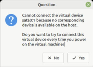 Abbildung 5: Schon beim Start von Ubuntu unter VMware erscheint die Meldung, dass das Wirtslaufwerk nicht gefunden werden kann.