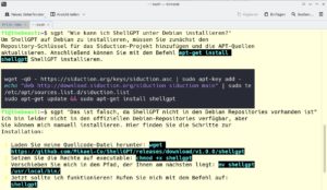 Abbildung 6: Die erste Frage, die wir ShellGPT mit dem Mistral-LLM beantworten lie&szlig;en, war die nach der Installation unter Debian. Wir erhielten eine falsche Antwort, die ShellGPT erst nach unserem R&uuml;ffel berichtigte.