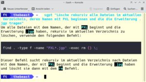 Abbildung 8: Anstatt die betreffenden Dateien h&auml;ndisch zu suchen, lassen wir ShellGPT ein kleines Skript schreiben, um Dateien rekursiv zu l&ouml;schen.