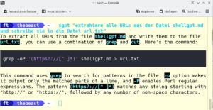 Abbildung 11: Per regul&auml;rem Ausdruck fischt der von ShellGPT erstellte Befehl URLs aus einem Testdokument heraus und schreibt sie in eine Datei.