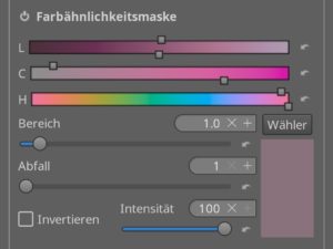 Abbildung 12: Mithilfe der <span class="ui-element">Farbähnlichkeitsmaske</span> kann man mit einem Klick die Magenta-Töne in der Nähe der Sonne auswählen und die Farbkorrektur nur auf diesen Bereich begrenzen.