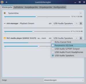 Abbildung 3: Der per Pipewire-Plugin erstellte Equalizer und das Echounterdr&uuml;ckungsger&auml;t lassen sich in Pavucontrol wie ein Hardware-Device f&uuml;r die Wiedergabe w&auml;hlen.