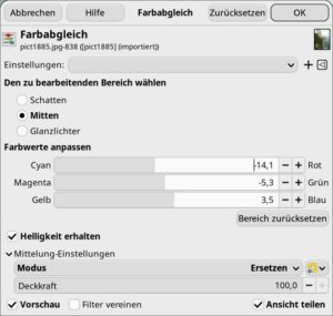 Abbildung 4: Der Dialog <span class="ui-element">Farbabgleich</span> eignet sich gut, um einen Farbstich zu korrigieren oder bestimmte Bildbereiche farblich anzupassen.
