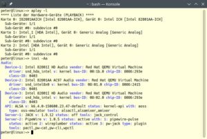 Abbildung 7: <code>aplay -l</code> zeigt die vom Kernel erkannten Soundkarten, <code>inxi -Aa</code> dagegen Details zur im Rechner verbauten Hardware. Besonders hinter HDA-Intel-Ger&auml;ten k&ouml;nnen sich zig Revisionen von Chips unterschiedlicher Hersteller verbergen.