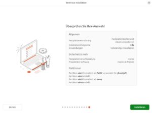 Abbildung 2: Der neue Ubuntu-Installer zeigt in der Übersicht die geplante Festplattenaufteilung, bevor die eigentliche Installation losgeht.
