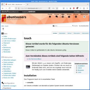 Abbildung 3: Die Beschreibung zum Programm Touch aus dem Wiki der Ubuntuusers wirkt sauber strukturiert und verständlich aufbereitet.