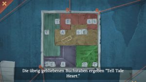 Abbildung 5: Hinter der Ermittlungswand in Oswaldos Haus verbirgt sich ein Rätsel. Die Lösung <span class="ui-element">Tell-Tale Heart</span> verweist auf die bekannte Kurzgeschichte von Edgar Allan Poe.
