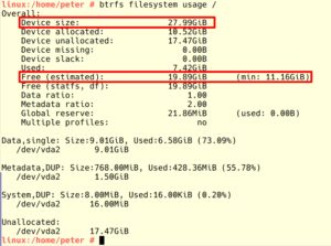 Abbildung 6: Ein Nachteil des Btrfs-Dateisystems: Nur das Kommando <code>btrfs filesystem</code> liefert exakte Werte zum freien Speicher.