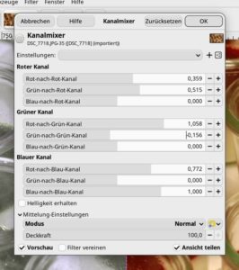 Abbildung 2: Der neu gestaltete Dialog <span class="ui-element">Kanalmixer</span> in Gimp 3 ermöglicht individuelle Graustufenbilder, erfordert jedoch Geduld und Experimentierfreude.