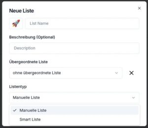 Abbildung 3: Unter <span class="ui-element">Alle Listen</span> legen Sie manuelle und smarte Listen an. Eine manuelle Liste benötigt einen Namen und optional eine Beschreibung.