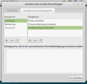 Abbildung 3: Hamster erwartet eine Kategorisierung der zu erfassenden Tätigkeiten.