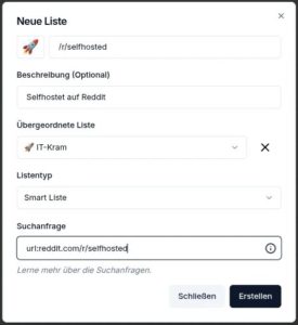 Abbildung 4: Smarte Listen benötigen neben den Angaben für eine manuelle Liste zusätzlich eine Suchanfrage. Nach deren Vorgaben befüllt Karakeep dann die Liste automatisch.