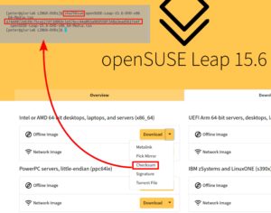 Abbildung 2: Der Aufruf von Sha256sum muss für das heruntergeladene ISO-Image dieselbe Zeichenfolge liefern wie die nach einem Klick auf den Pfeil des Download-Buttons erscheinende Seite <span class="ui-element">Checksum</span>.