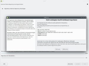 Abbildung 3: Beim Hinzufügen eines neuen Repositorys fragt YaST, ob es dem noch unbekannten GnuPG-Schlüssel vertrauen soll. Sie sollten dem nur zustimmen, wenn Sie sicher sind, dass <span class="ui-element">der Schlüssel wirklich diesem Eigentümer gehört</span>.