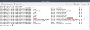 Abbildung 7: Das simple Hinzufügen der Option <code>noexec</code> in der für das Home-Verzeichnis zuständigen Zeile der <code>/etc/fstab</code> unterdrückt das Starten von im Home abgelegten Binaries.
