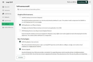 Abbildung 7: OpenSuse Leap 16 nutzt erstmals den neuen, übersichtlichen und vor allem remote bedienbaren Installer Agama (hier die Ansicht für die Auswahl der zu installierenden Software).
