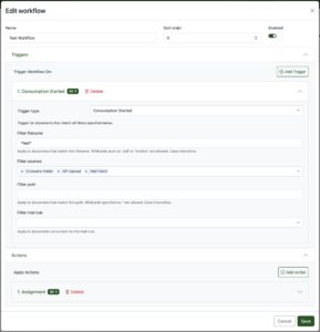 Abbildung 3: Die Workflows gestatten eine genauere Steuerung der Dokumentenpipeline, inklusive der M&ouml;glichkeit, Aktionen auszul&ouml;sen. Quelle: Paperless-NGX