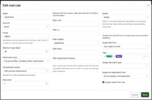 Abbildung 4: E-Mail-Regeln unterst&uuml;tzen verschiedene Filter und Aktionen f&uuml;r eingehende E-Mails. Quelle: Paperless-NGX