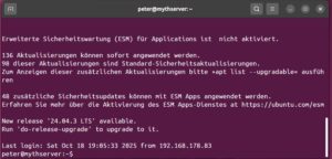 Abbildung 4: Ubuntu weist beim Login per SSH auf Updates hin und wirbt dabei f&uuml;r die Expanded Security Maintenance (ESM) des f&uuml;r f&uuml;nf Rechner pro Anwender kostenlosen Ubuntu-Pro-Abos.