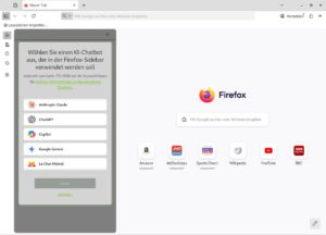 Abbildung 5: Firefox offeriert unterschiedliche KI-Chatbots, allerdings ausschlie&szlig;lich cloudbasierte Vertreter der Gattung.