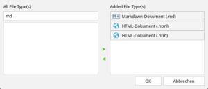 Abbildung 3: Fundstellen aus HTML- und Markdown-Dateien erkennt das Tool erst nach dem manuellen Hinzuf&uuml;gen der Formate.