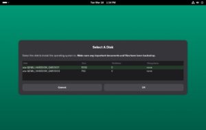 Abbildung 2: Der Aeon-Installer stellt bei der Installation nur die Frage, auf welcher Platte er das System installieren soll. Er l&ouml;scht stets das ganze gew&auml;hlte Speichermedium.
