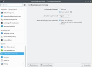 Abbildung 5: KDE bietet an, Aktualisierungen automatisch einzuspielen. OpenSuse-Leap-Anwender können dies dank der Snapper-System-Snapshots, die Upgrades reversibel machen, gefahrlos annehmen.