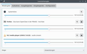Abbildung 6: Der alte Pulseaudio-Mixer Pavucontrol, hier in der Qt-Version für eine KDE-Umgebung, funktioniert auch unter Pipewire noch, ebenso die Lautstärkeregler der Desktop-Umgebungen.