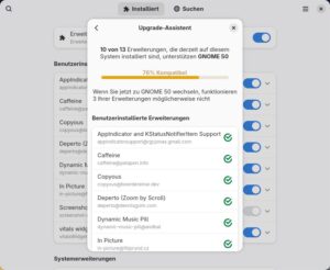 Abbildung 1: Der <span class="ui-element">Upgrade-Assistent</span> prüft die installierten Erweiterungen und zeigt, welche bereits mit der nächsten Gnome-Version funktionieren und wo noch Anpassungsbedarf besteht.