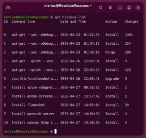 Abbildung 3: . und f&uuml;hrt mit <code>apt history-list</code> und <code>apt history-info</code> eine echte Transaktionshistorie ein.