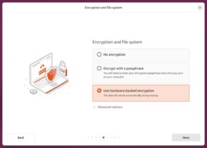 Abbildung 5: Der Installer bietet die TPM-gest&uuml;tzte Vollverschl&uuml;sselung jetzt als regul&auml;re Option an, optional erg&auml;nzt um eine PIN oder Passphrase. Quelle: Canonical