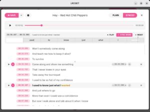 Abbildung 3: Der integrierte Editor von Lrcget erlaubt das Bearbeiten synchronisierter Lyrics und unterstützt das neue Lyricsfile-Format inklusive optionalem Wort-für-Wort-Sync.